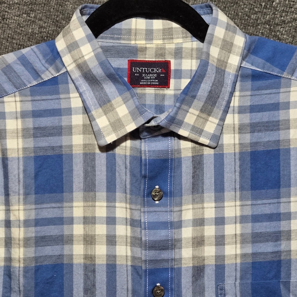 UNTUCKit Mens XL Slim Fit Cotton Blue Gray Long Sleeve Lightweight Flannel Shirt